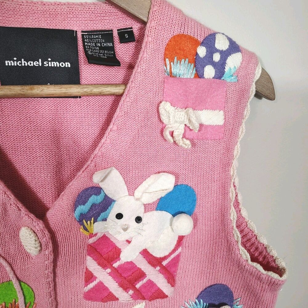 Michael Simon Womens Easter Bunny Sweater Vest Size S Egg Novelty Kitsch Spring - Picture 3 of 13